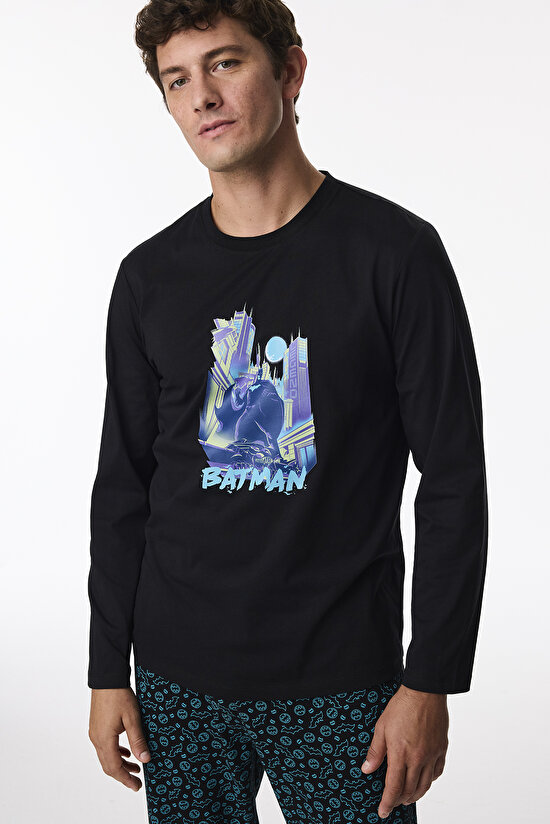 Erkek Batman Geometrik Desenli Pantolon Uzun Kollu Pijama Takımı - 1