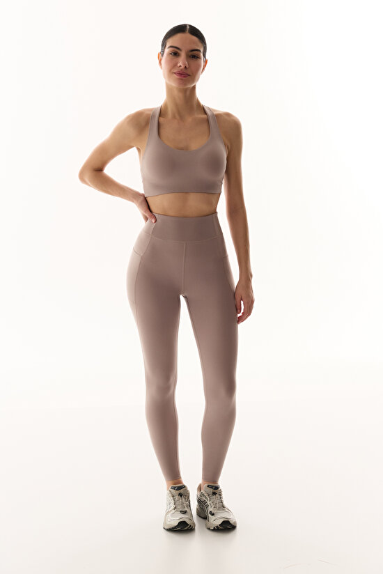 Bej Stretch-360 Orta Destek Yüksek Bel Core Flow Tayt - 4