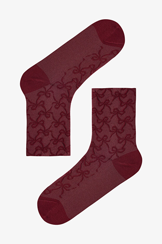 Pembe - Bordo Ribbon Charm 2'li Soket Çorap - 2