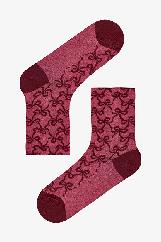 Pembe - Bordo Ribbon Charm 2'li Soket Çorap - 3