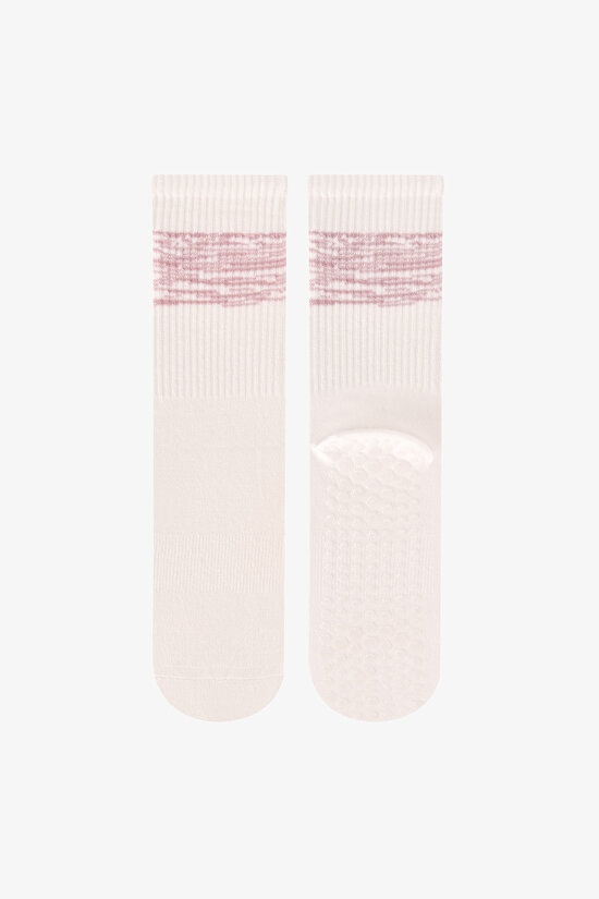 Beyaz Pembe Move Grip Çizgili Pamuklu 2 Çift Soket Çorap - 3