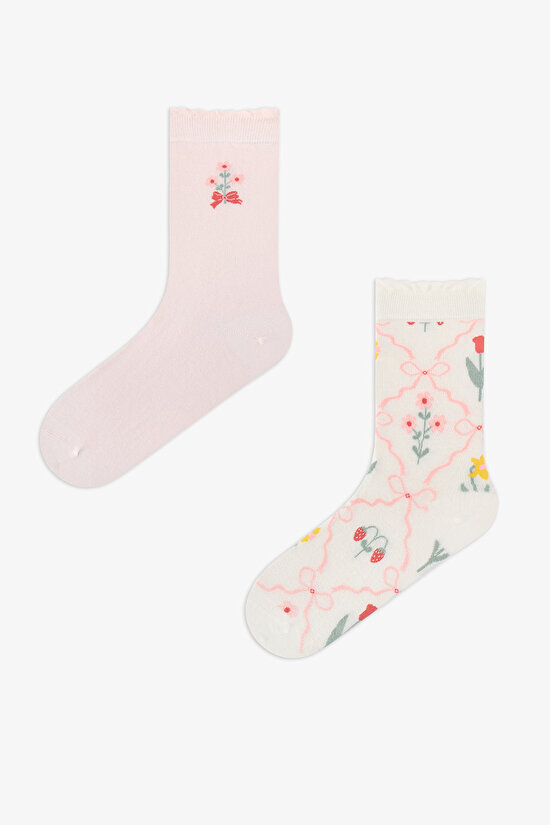 2 Pairs Seamless Toe Cotton Colorful Floral Patterned Ruffled Socket Socks - 1