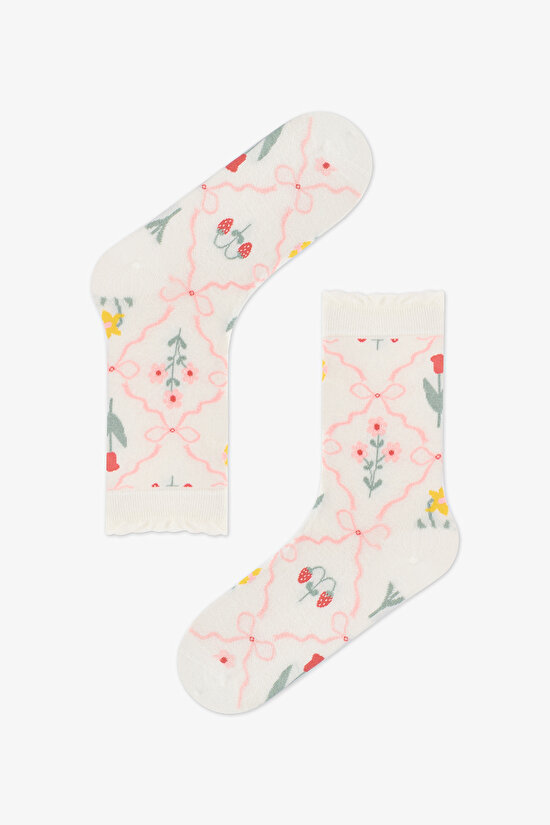 2 Pairs Seamless Toe Cotton Colorful Floral Patterned Ruffled Socket Socks - 2