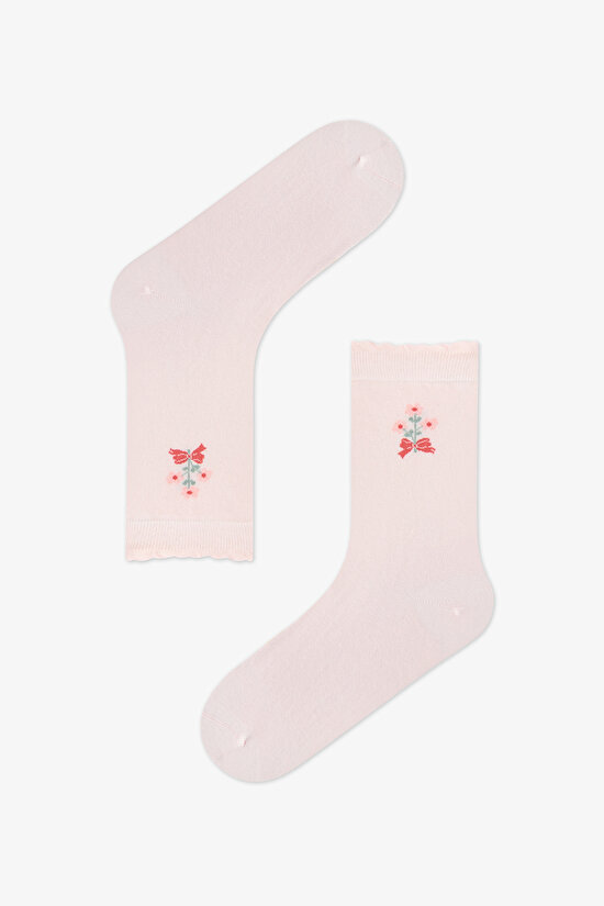2 Pairs Seamless Toe Cotton Colorful Floral Patterned Ruffled Socket Socks - 3