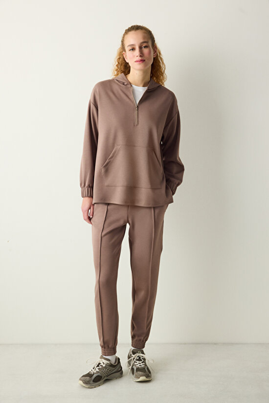 Vizon Yarım Fermuarlı Kapüşonlu Silky Touch Sweatshirt - 3