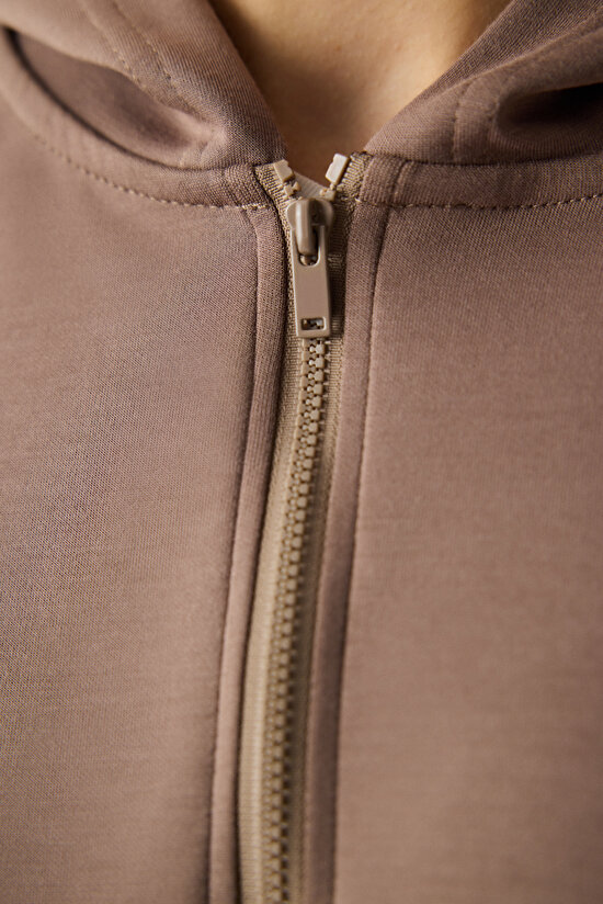 Vizon Yarım Fermuarlı Kapüşonlu Silky Touch Sweatshirt - 4