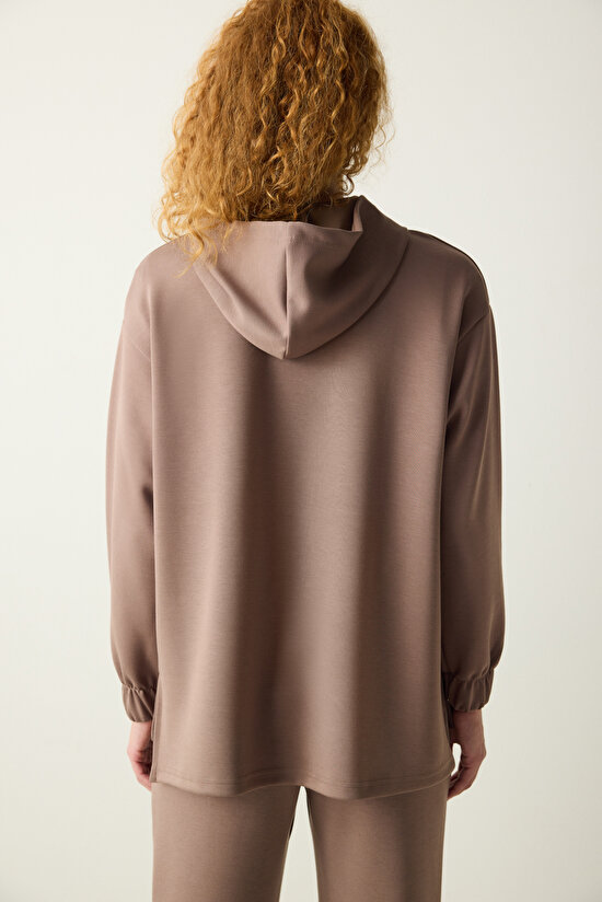 Vizon Yarım Fermuarlı Kapüşonlu Silky Touch Sweatshirt - 7