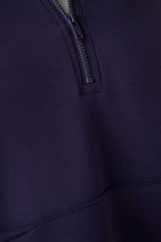 Koyu Indigo Yarım Fermuarlı Kapüşonlu Silky Touch Sweatshirt - 4