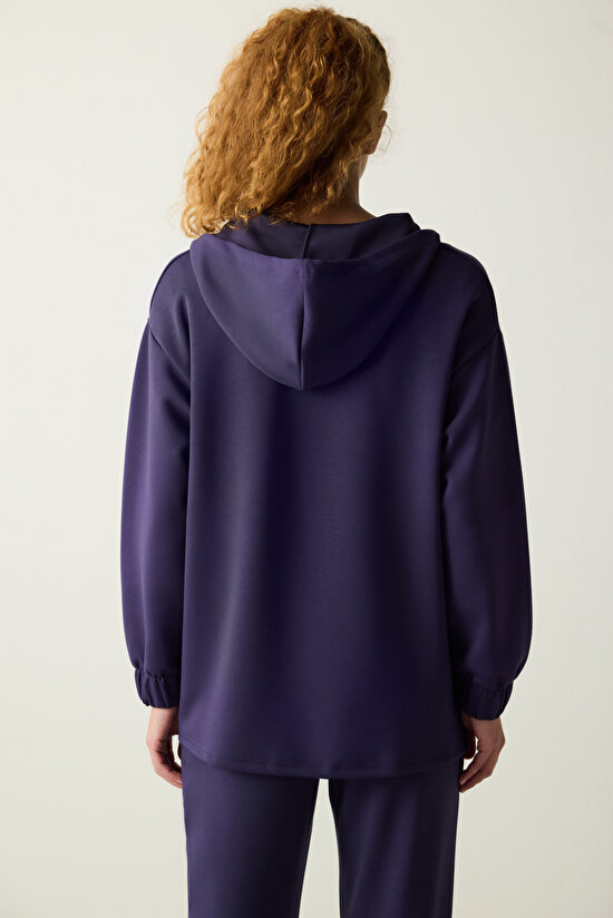 Koyu Indigo Yarım Fermuarlı Kapüşonlu Silky Touch Sweatshirt - 6
