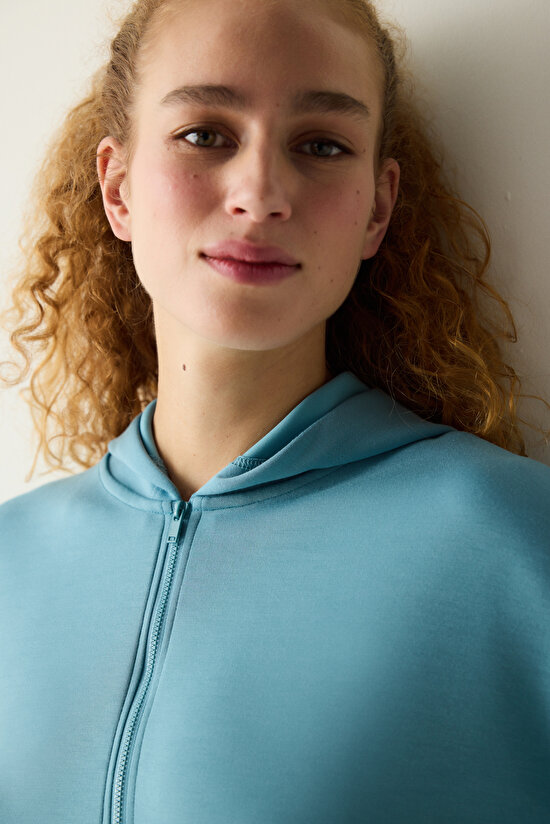 Turkuaz Mavi Yarım Fermuarlı Kapüşonlu Silky Touch Sweatshirt - 4