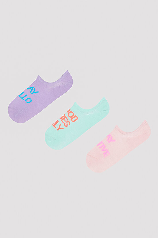 Multicolor Slogan Pembe 3lü Sneaker Çorabı - 1