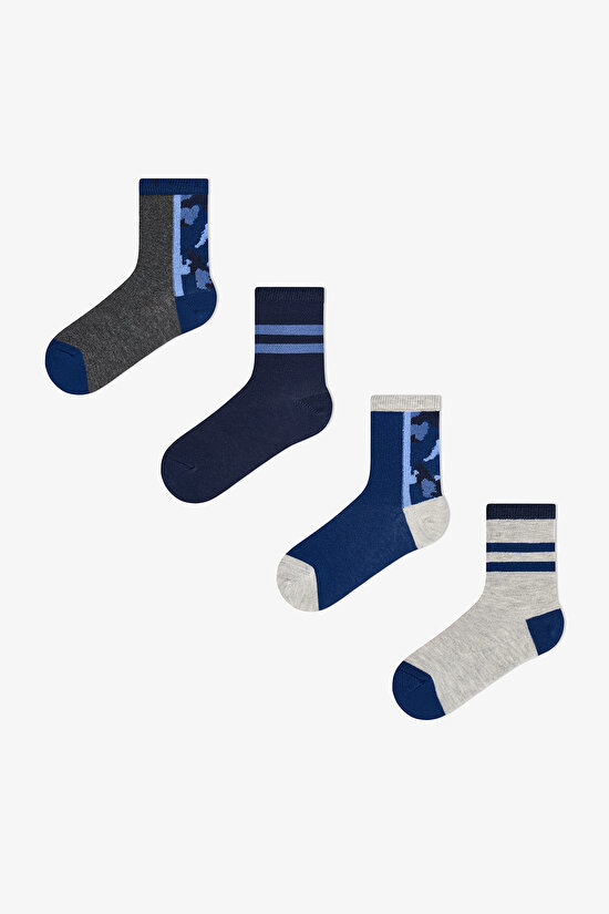 Erkek Çocuk Blue Shade Camo Kamuflaj Desenli Pamuklu 4 Çift Soket Çorap - 1