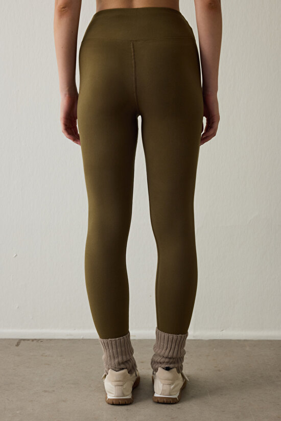 Koyu Yağ Yeşili Termal Etkili Kadife Dokulu V Kesim Yüksek Bel Tayt - 3