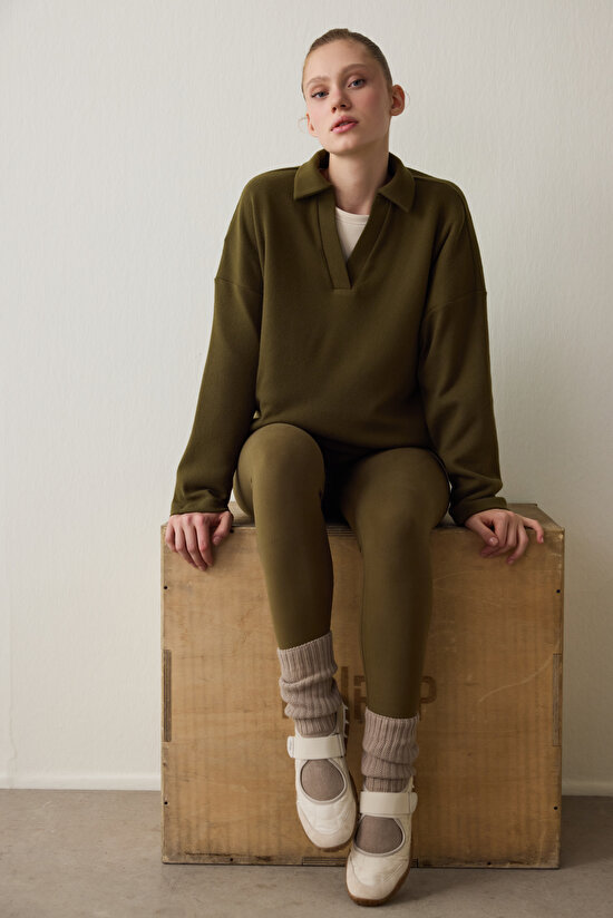 Koyu Yağ Yeşili Termal Etkili Kadife Dokulu V Kesim Yüksek Bel Tayt - 4