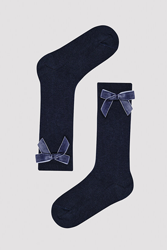Girl Navy Ribbon Sock - 1