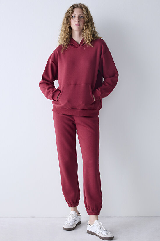 Bordo Kapüşonlu Oversize Şardonlu Sweatshirt - 3