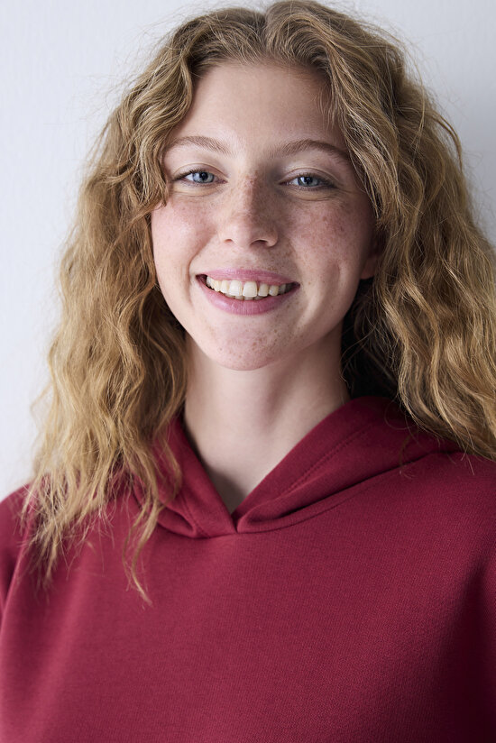 Bordo Kapüşonlu Oversize Şardonlu Sweatshirt - 4