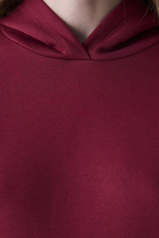 Bordo Kapüşonlu Oversize Şardonlu Sweatshirt - 5