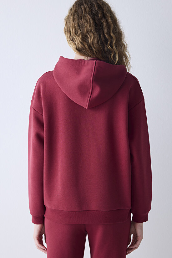Bordo Kapüşonlu Oversize Şardonlu Sweatshirt - 6