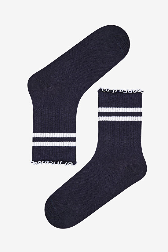 Frill Stripe 2li Kırmızı Lacivert Soket Çorap - 3