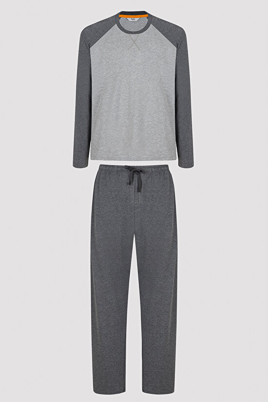 Basic Uzun Kollu Pantolon Gri Pijama Takımı - 1