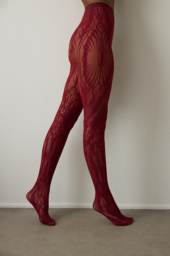 Bordo Duo File Etnik Desenli 15 Denye İnce Külotlu Çorap - 3