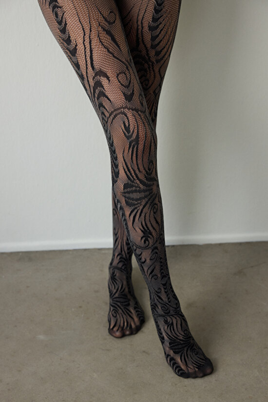 Siyah Duo File Etnik Desenli 15 Denye İnce Külotlu Çorap - 3