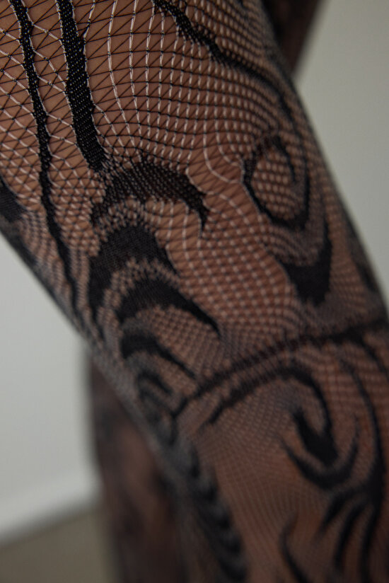 Siyah Duo File Etnik Desenli 15 Denye İnce Külotlu Çorap - 5