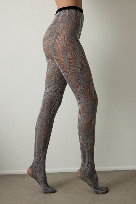 Siyah Duo File Etnik Desenli 15 Denye İnce Külotlu Çorap - 6