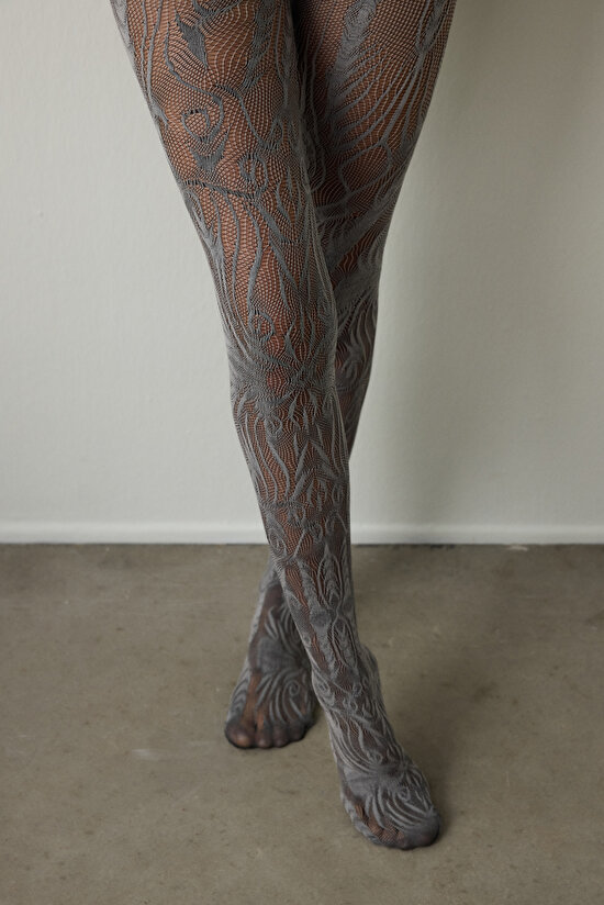 Siyah Duo File Etnik Desenli 15 Denye İnce Külotlu Çorap - 7