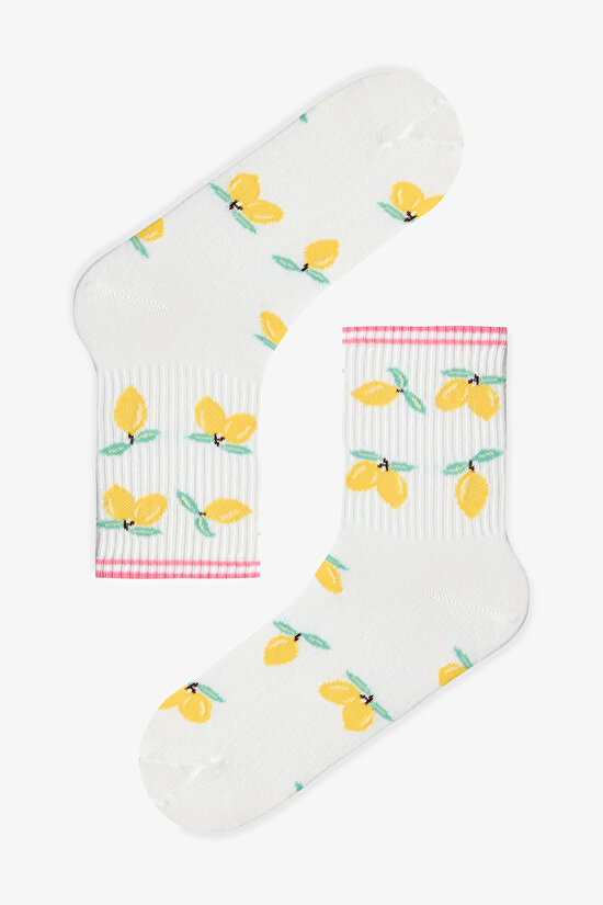 3 Çift Pamuklu Renkli Meyve Desenli Çizgi Detaylı Soket Çorap - 2