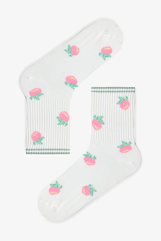 3 Çift Pamuklu Renkli Meyve Desenli Çizgi Detaylı Soket Çorap - 4