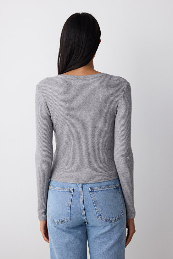Açık Gri Simli Uzun Kollu Üst - 5