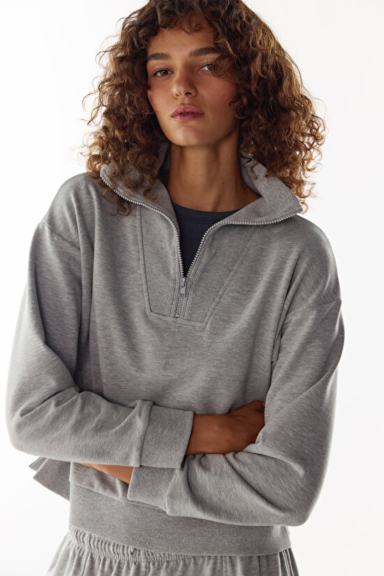 Grey Melange Half Zip Brushed Rib Long Sleeve Sweatshirt - 1