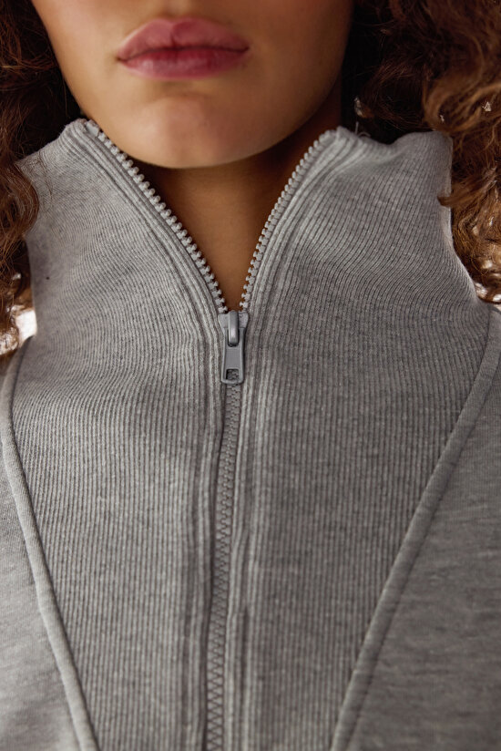 Grey Melange Half Zip Brushed Rib Long Sleeve Sweatshirt - 3