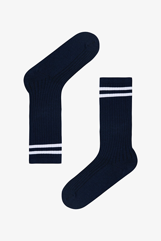 Lacivert Kız Çocuk Sporty Çizgili Pantolon Çorabı - 1