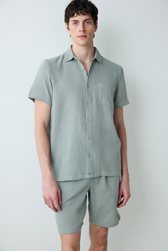 Green Gümüş Rengi Gömlekli Cepli Pijama Takımı - 3