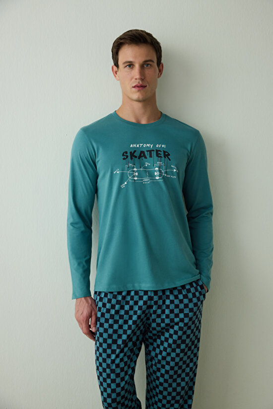 Erkek Skater Slogan Baskılı Bisiklet Yaka Pamuklu Pijama Takımı - 3