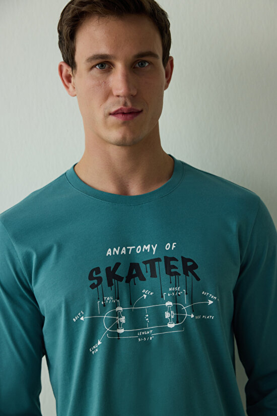 Erkek Skater Slogan Baskılı Bisiklet Yaka Pamuklu Pijama Takımı - 4