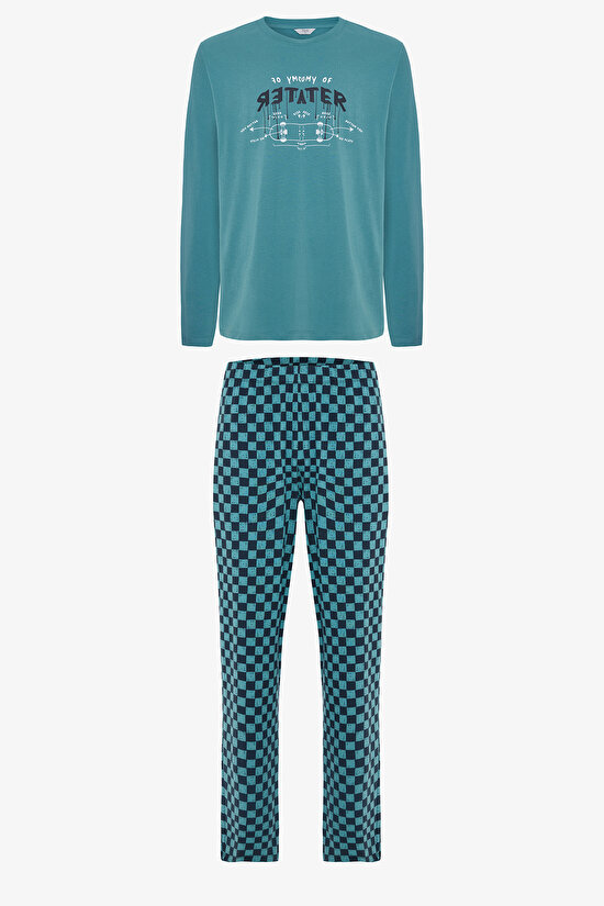 Erkek Skater Slogan Baskılı Bisiklet Yaka Pamuklu Pijama Takımı - 7