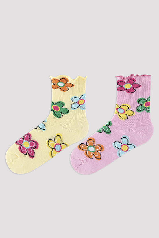 Kız Çocuk Çiçek Desenli Soket Çorap - 1