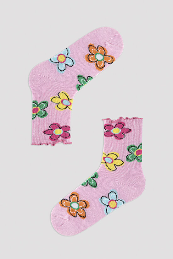 Kız Çocuk Çiçek Desenli Soket Çorap - 3