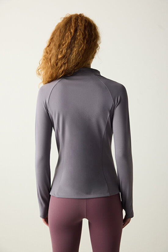 Gri Fermuarlı Dik Yaka Spor Ceketi - 3