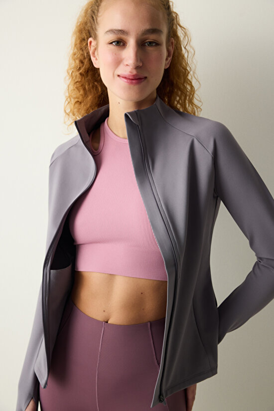 Gri Fermuarlı Dik Yaka Spor Ceketi - 4