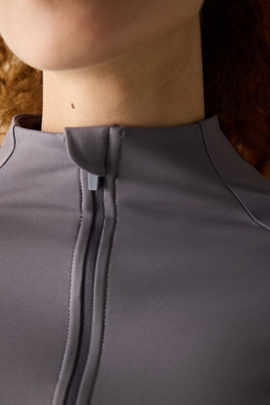 Gri Fermuarlı Dik Yaka Spor Ceketi - 7