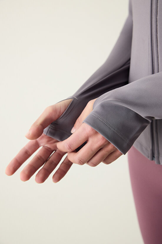 Gri Fermuarlı Dik Yaka Spor Ceketi - 8