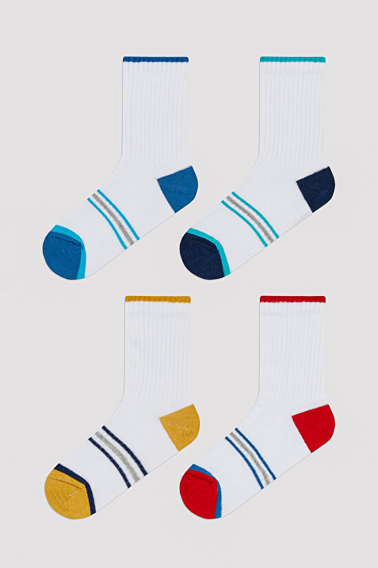 Erkek Çocuk Renkli Çizgili Beyaz 4lü Tenis Soket Çorap - 1