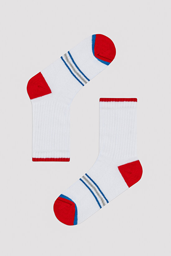 Erkek Çocuk Renkli Çizgili Beyaz 4lü Tenis Soket Çorap - 3