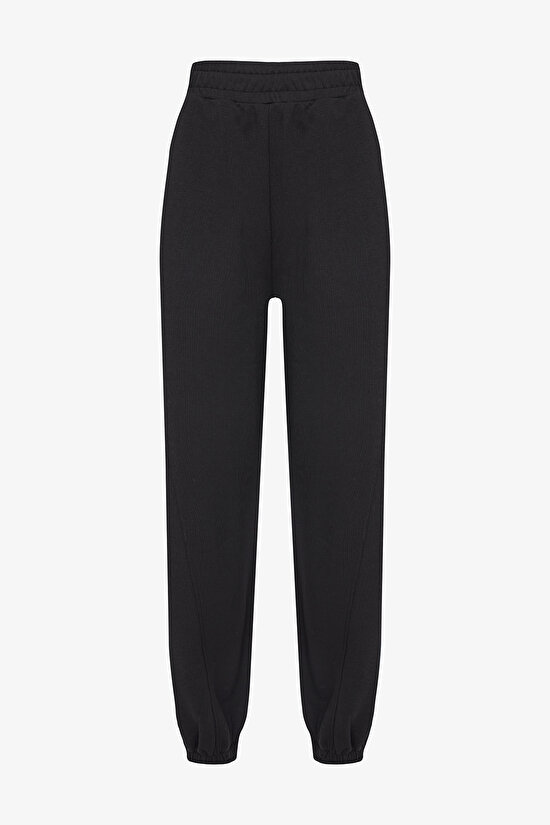 Siyah Yüksek Bel Kavisli Dikiş Detaylı Lastikli Paça Eşofman Altı - 4