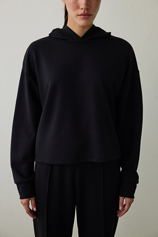 Black Silky Feel Hooded Slogan Printed Sweatshirt - 3